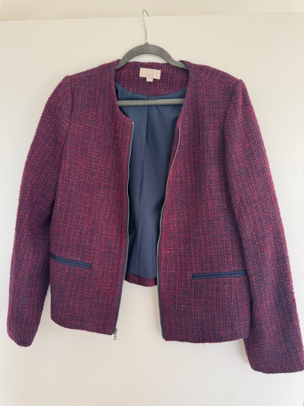 LOFT Plum Textured Bouclé Zip Jacket with Navy Trim